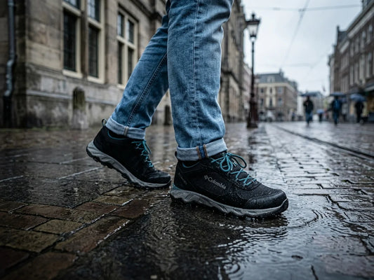 Columbia Peakfreak II OutDry worn on wet cobblestone street – Lifestyle On Feet | RunInRain
