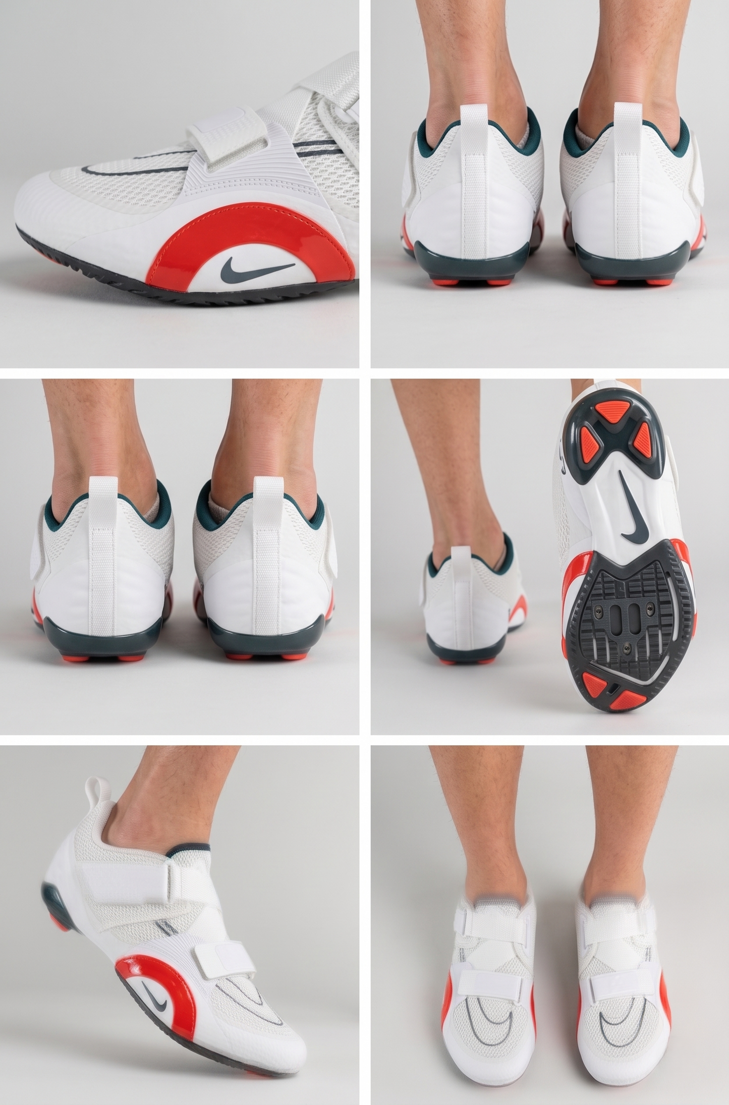 Nike SuperRep Cycle 2 NN Indoor Cycling Shoe White/Black with red and black accents worn by a person on a gray background - free style runinrain