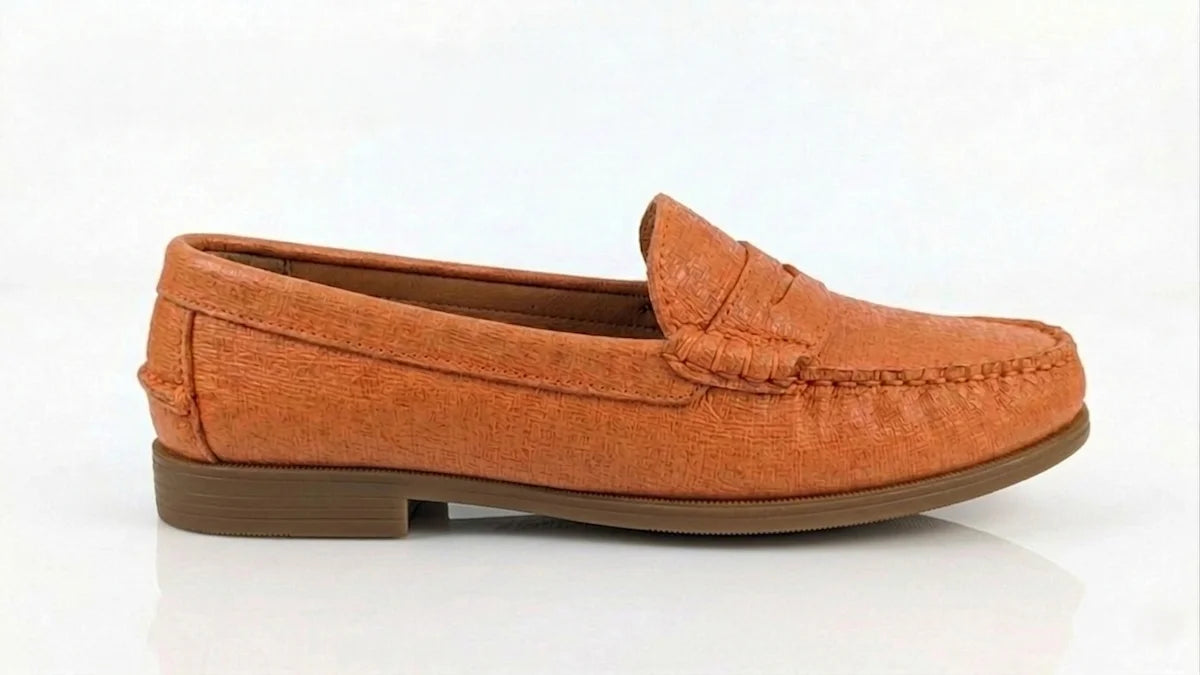 Sebago Plaza Women's Orange Loafer on a white background - side view @runinrain