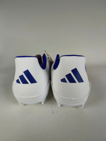 White Adidas F50 Club FxG with blue accents and Adidas logo on a gray background - Rear view @runinrain