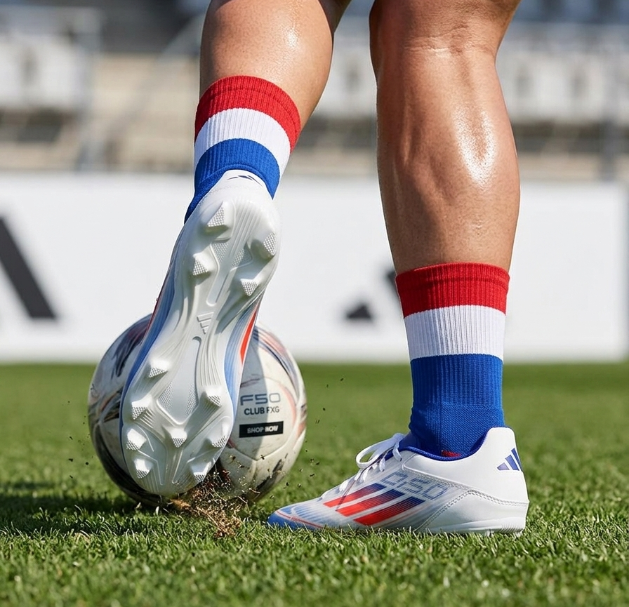 Person wearing red, white, and blue striped socks and white Adidas F50 Club FxG cleats on a grass field - free style @runinrain