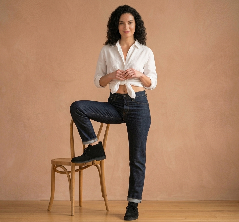 Woman in a white shirt and dark jeans sitting on a wooden stool against a beige wall, wearing Black Clarks Originals Desert Boot.