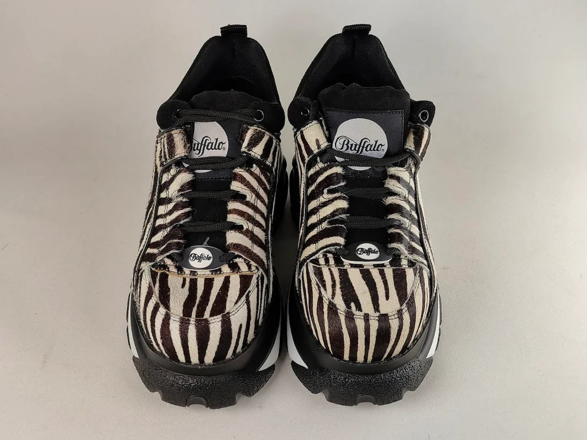 Pair of Buffalo London 1339-14 2.0 Zebra Platform Sneakers on a white background - front view @runinrain