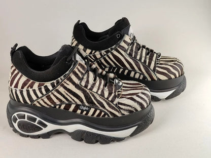 Buffalo London 1339-14 2.0 Zebra Print Platform Sneakers — Black and White Pony Hair Upper, 6cm Chunky - Side view herp shot @Runinrain