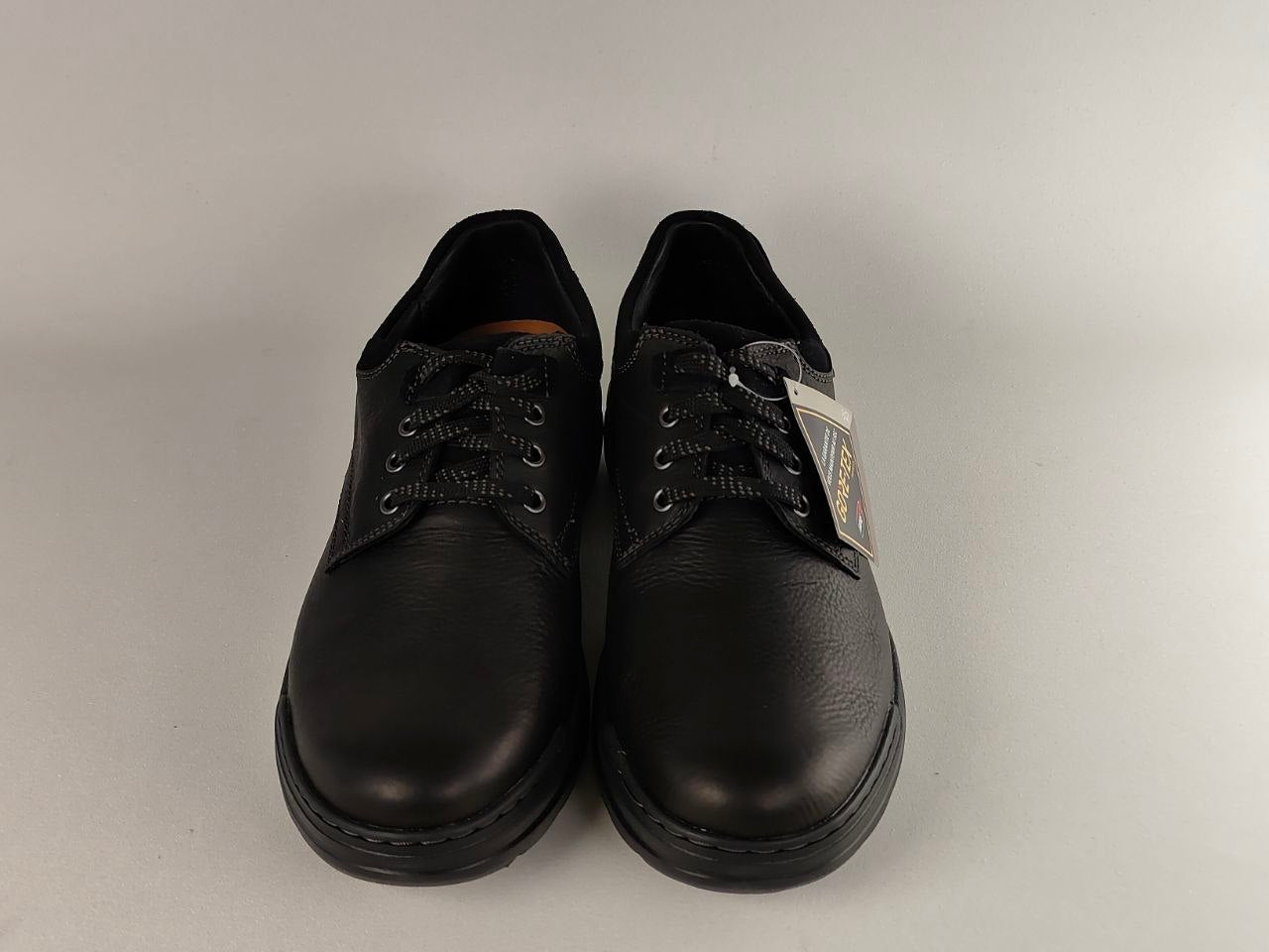 Pair of black shoes on a light gray background