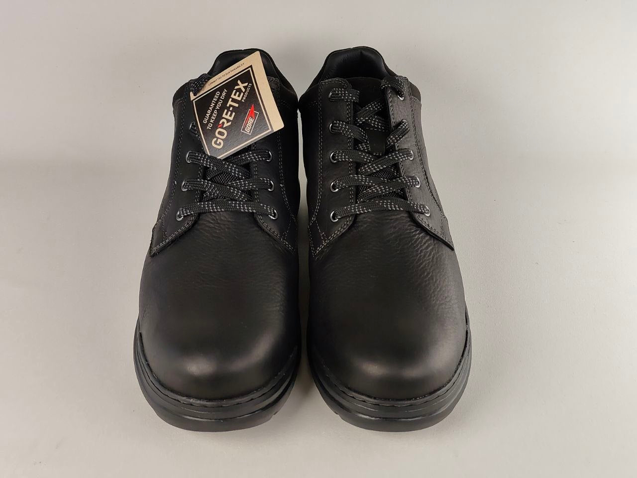 Pair of black shoes with a GORE-TEX label on a light gray background