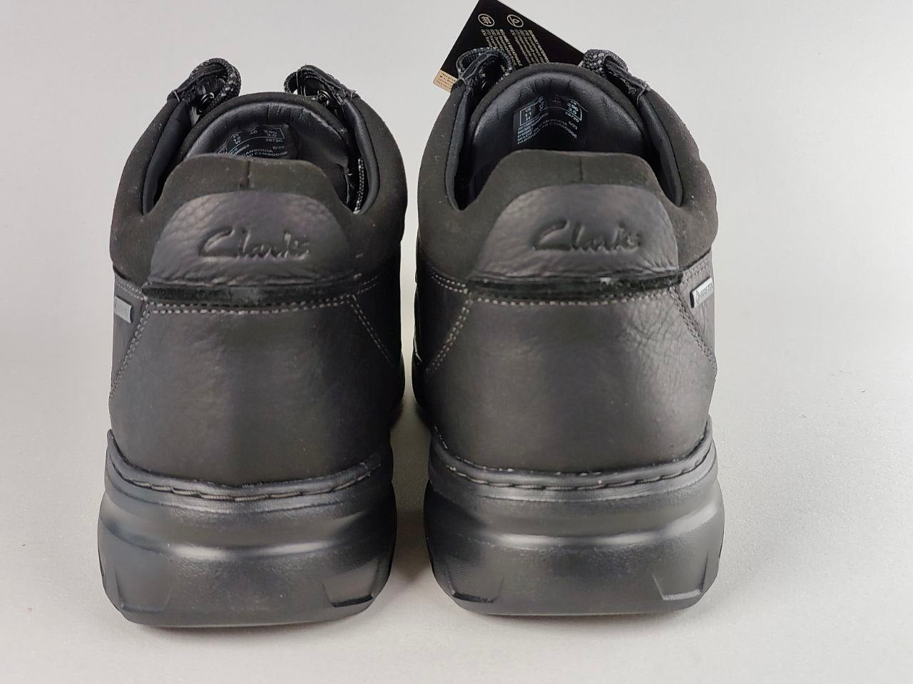 Pair of black Clarks shoes on a light gray background