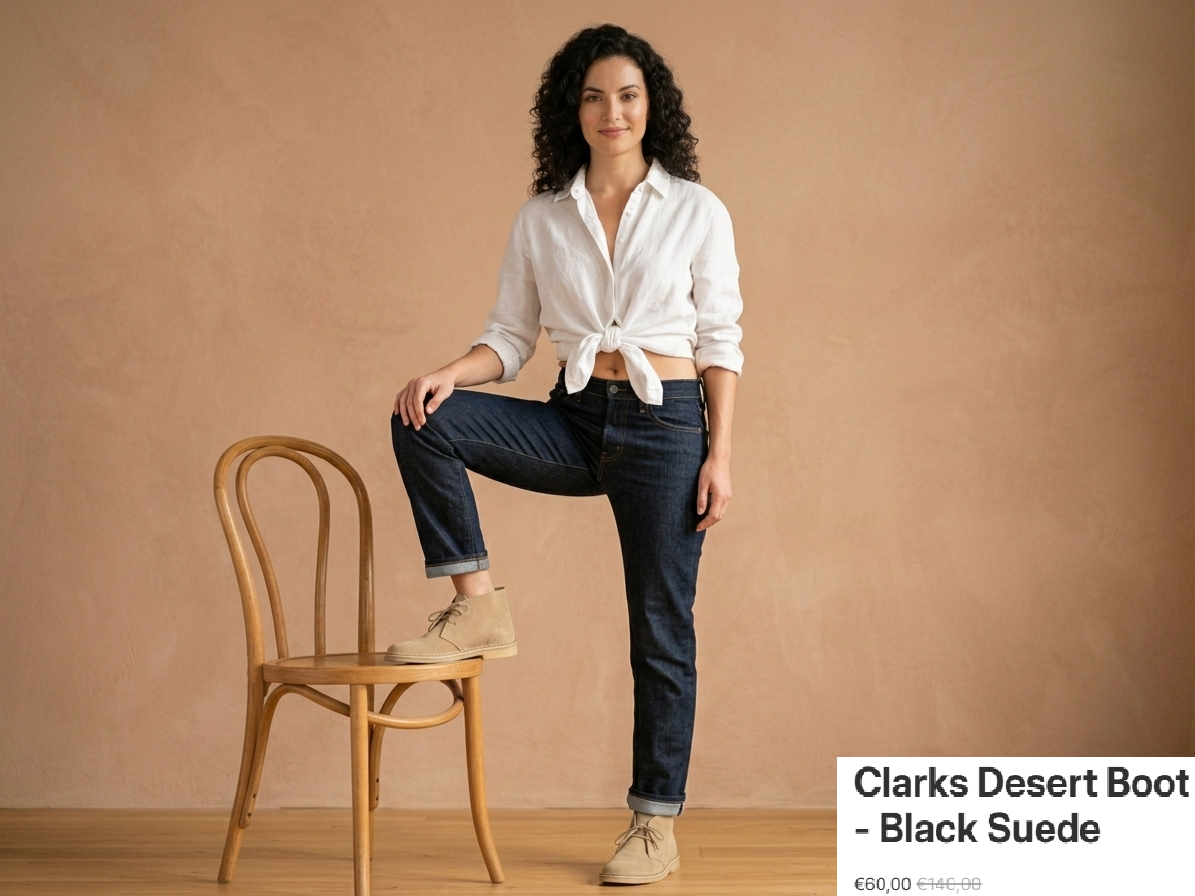 Woman wearing Clarks Originals Desert Boot Sand Steads Suede  against a beige background – free style @RunInRain