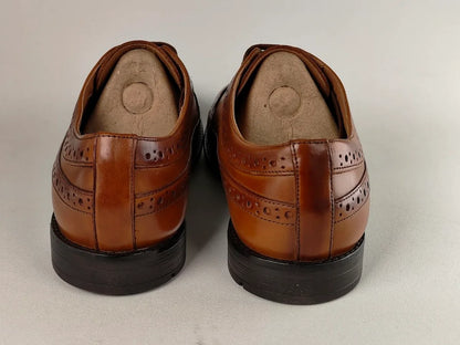 A pair of clarks Ronnie Limit Men's Tan Full-Grain Leather Oxford – Rear View @RunInRain
