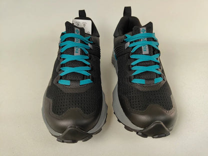 Pair of Columbia Peakfreak II OutDry hiking shoes in black with blue laces – Front View | RunInRain