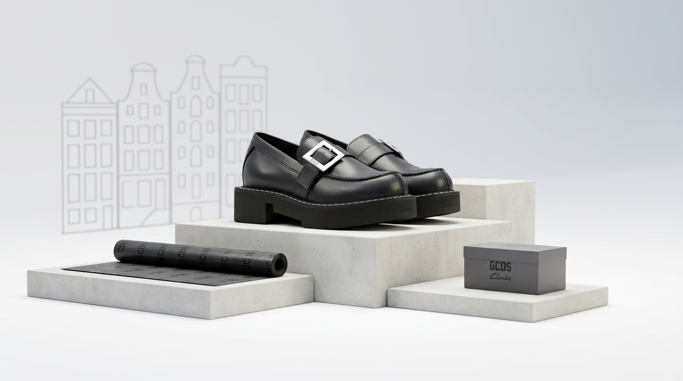 Black GCDS x Clarks 1 – Limited Edition Leather Loafers on a white platform with a box and rolled fabric, against a light gray background.