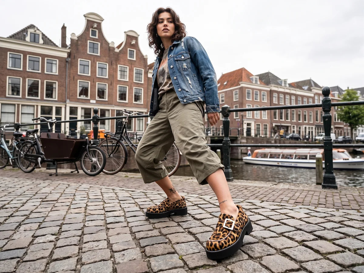 Woman walking on a cobblestone street with a GCDS x Clarks 1 Limited Edition Leather Loafers and historic buildings in the background