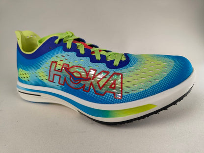 A Hoka Cielo FlyX Carbon-Plated Track Spikes Cyan/Lime shoe with 'Hoka' branding on a gray background – 3q View @RunInRain