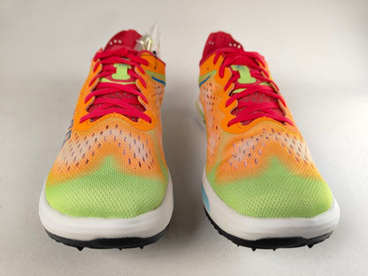 A pair of Hoka Cielo FlyX Carbon-Plated Track Spikes Solar Flare with a gradient design on a light gray background – Front View @RunInRain 