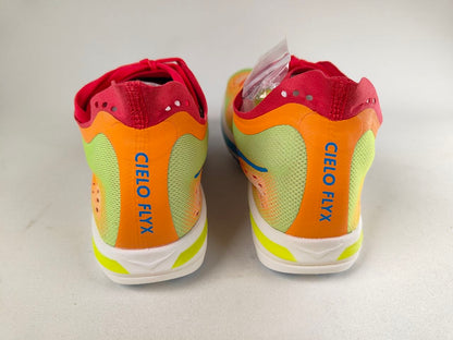 Hoka Cielo FlyX Carbon-Plated Track Spikes Solar Flare with Cielo Flxx branding – Rear View | RunInRain