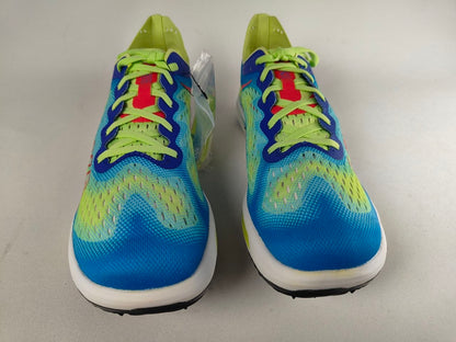 Pair of Hoka Cielo FlyX Carbon-Plated Track Spikes Cyan/Lime shoes on a light gray background – Front View @RunInRain 
