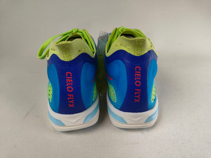 A pair of Hoka Cielo FlyX Carbon-Plated Track Spikes Cyan/Lime shoes with 'CIELO FLYX' branding on a light gray background – Rear View @RunInRain 