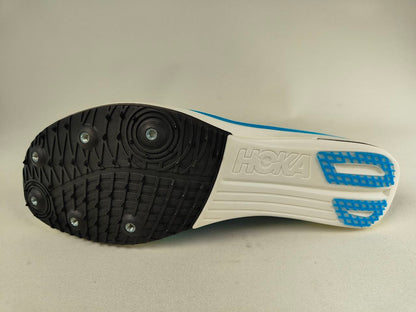 Hoka Cielo FlyX Carbon-Plated Track Spikes Cyan/Lime shoe sole with branding on a neutral background – Sole View @RunInRain