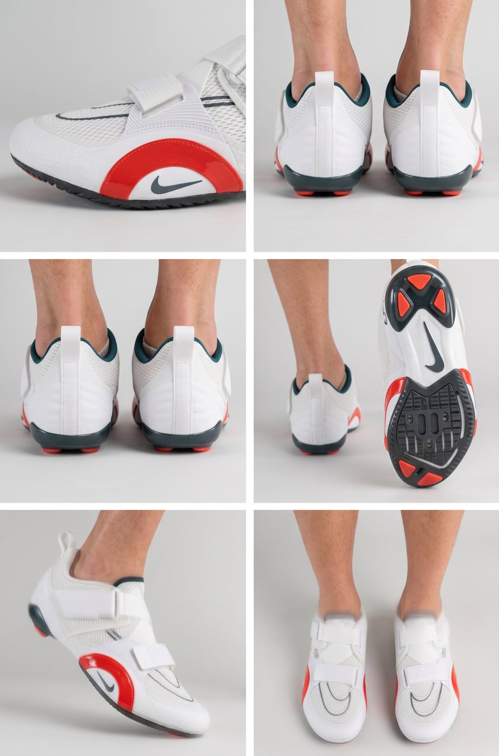 Nike SuperRep Cycle 2 NN Indoor Cycling Shoe White/Black with red and black accents worn by a person on a gray background - free style runinrain