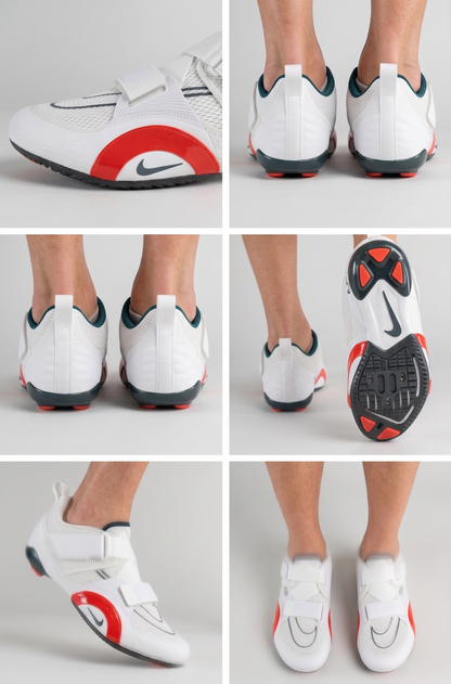 Nike SuperRep Cycle 2 NN Indoor Cycling Shoe White/Black with red and black accents worn by a person on a gray background - free style runinrain