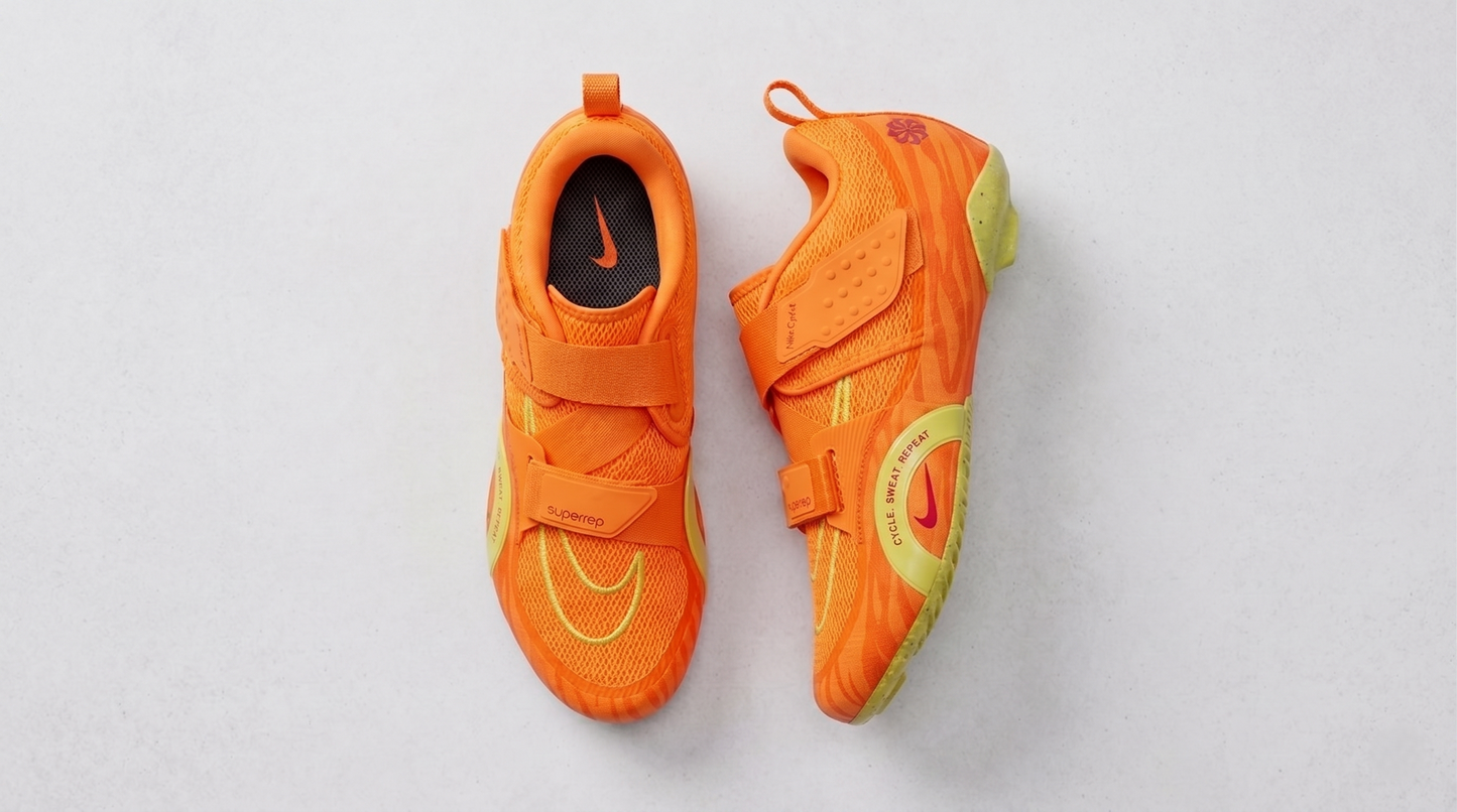 Nike SuperRep Cycle 2 NN Indoor Cycling Shoe Orange  on a light gray background – Top View @RunInRain