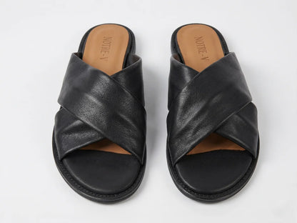 A pair of Notre-V Elegant Criss-Cross Black Leather Slides Women with open toe  and flat design on a light gray background – Front View @RunInRain