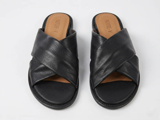 A pair of Notre-V Elegant Criss-Cross Black Leather Slides Women with open toe  and flat design on a light gray background – Front View @RunInRain