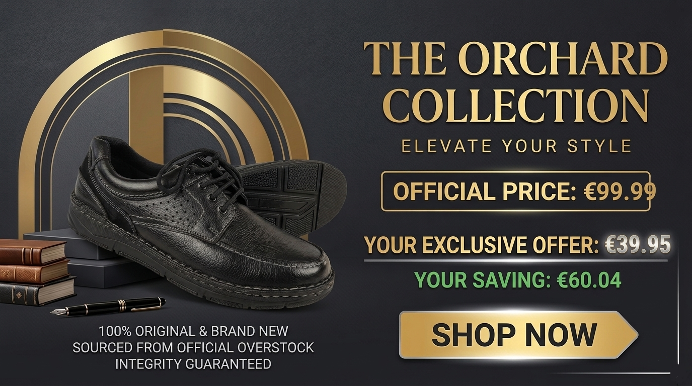 Black shoe with promotional text for 'The Orchard Collection' on a dark background