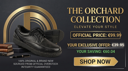 Black shoe with promotional text for 'The Orchard Collection' on a dark background