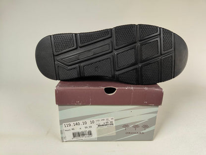 Black Orchard Leather Loafers shoe sole on a cardboard box with the brand name