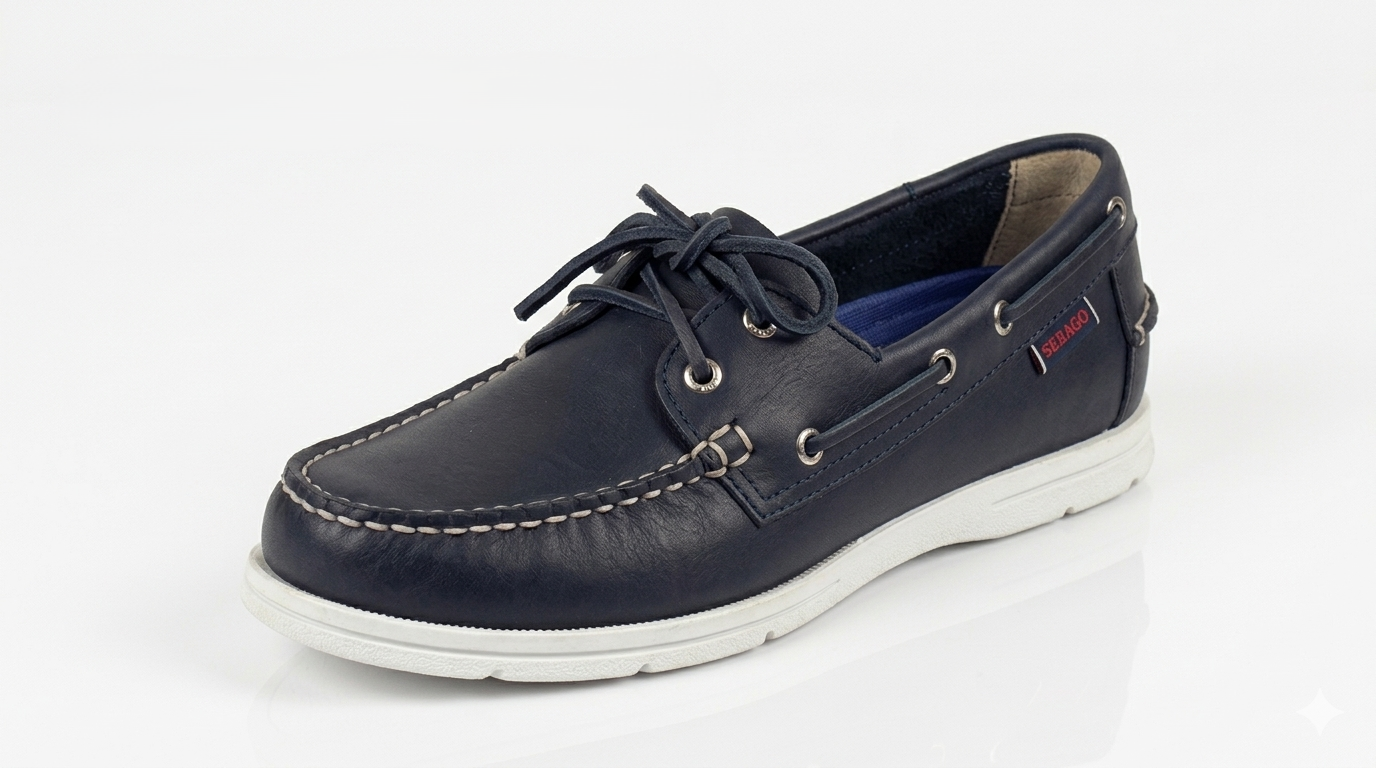 A navy blue Sebago Docksides Portland Women's Nautical Loafers shoe with white laces on a white background – 3q View @RunInRain