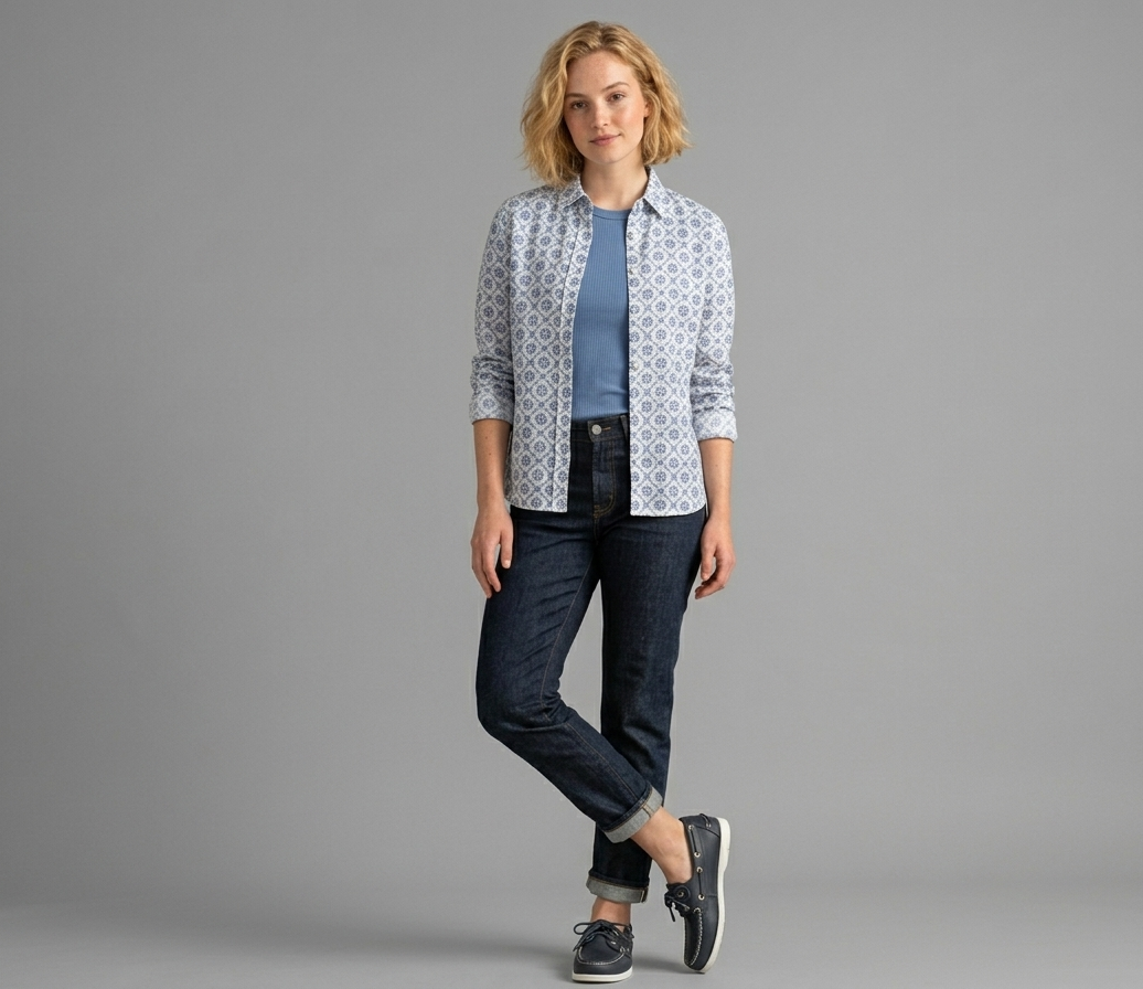Woman wearing a patterned shirt, blue top, and jeans on a gray background, wearing navy blue Sebago Docksides Portland Women's Nautical Loafers – free style @RunInRain