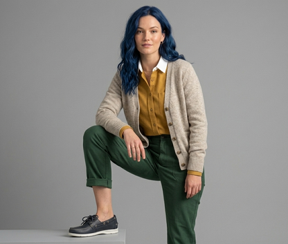 Woman with blue hair wearing a beige cardigan, mustard shirt, green pants, on a gray background, wearing Sebago Docksides Portland Women's Nautical Loafers – Sole View  @RunInRain