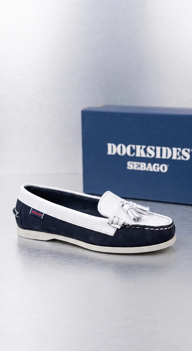 Sebago Docksides Janet Suede Navy White Leather Women's Boat Shoes - Side View @Runinrain
