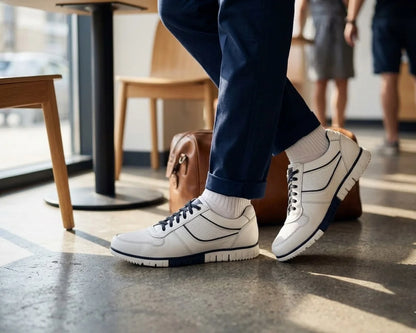 Person wearing White Cafe moda Urban Chic Sneakers with black accents in a casual setting - free style @runinrain