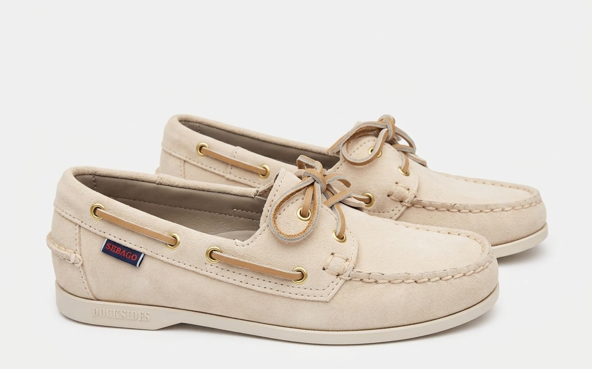 Pair of Sebago Jacqueline Suede Women's Chiffon Shoe with gold accents on a white background – Side View Left @RunInRain