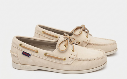 Pair of Sebago Jacqueline Suede Women's Chiffon Shoe with gold accents on a white background – Side View Left @RunInRain
