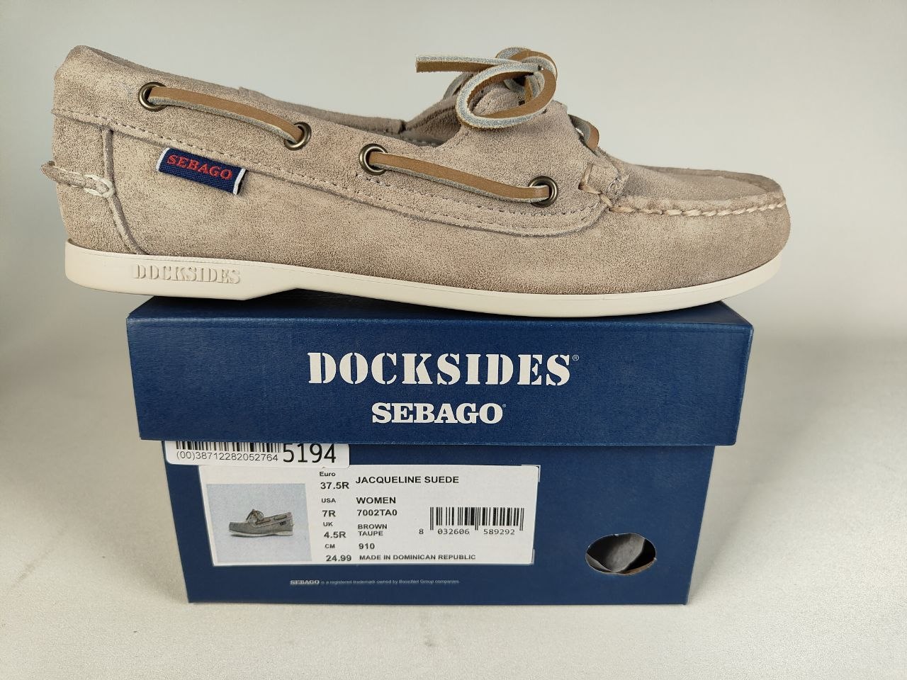 Sebago Jacqueline Suede Women's brown Shoe on a Dockside – Original Box with a white background | RunInRain
