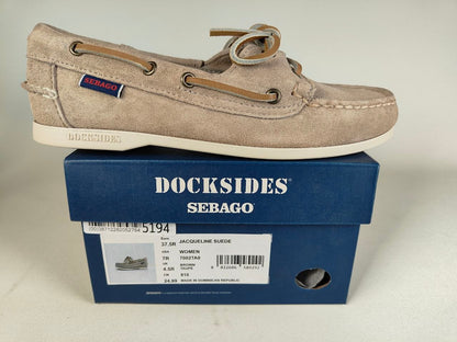 Sebago Jacqueline Suede Women's brown Shoe on a Dockside – Original Box with a white background | RunInRain