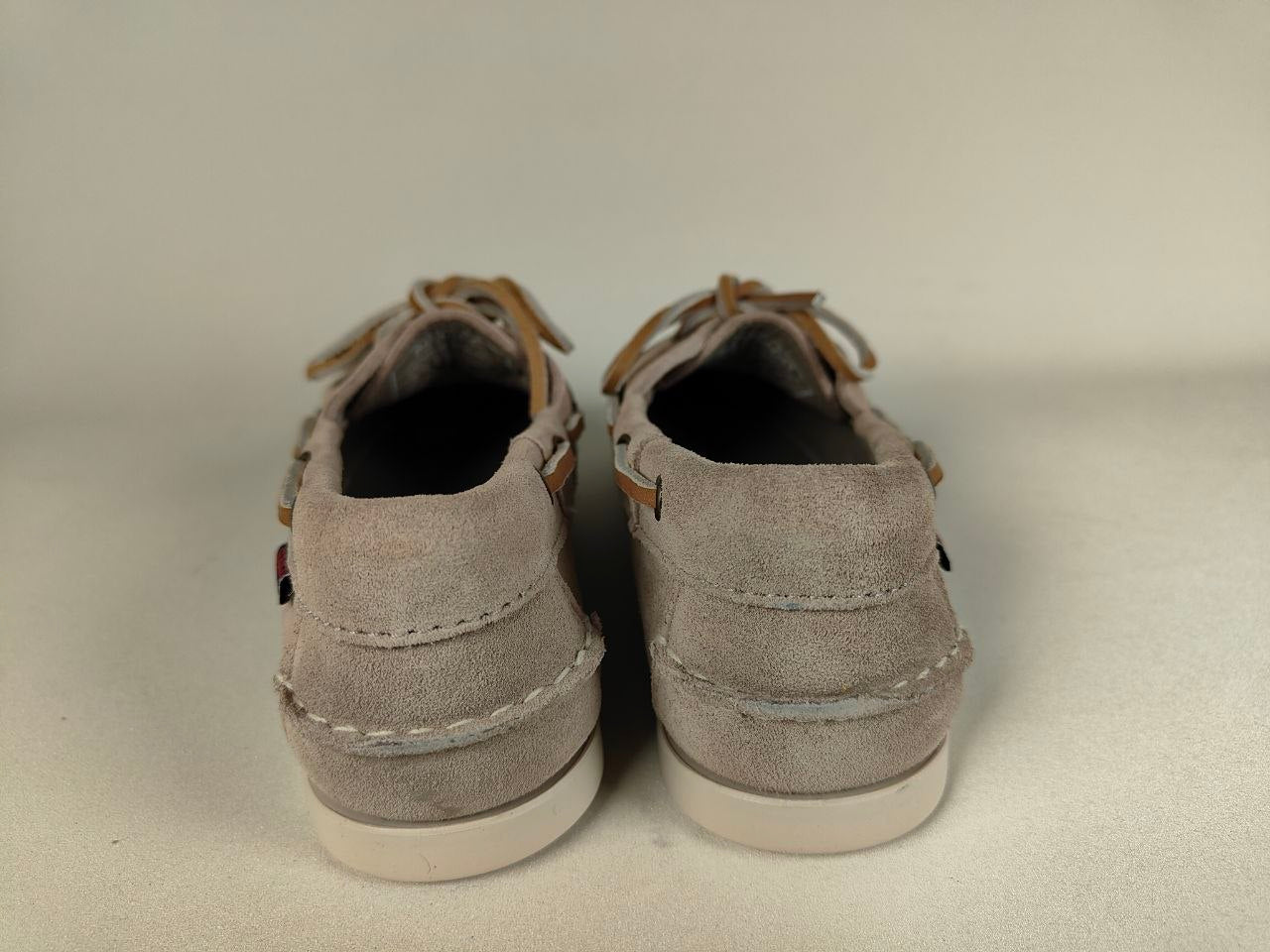 Pair of Sebago Jacqueline Suede Women's Brown Shoe with brown laces on a light gray background – Sole View @RunInRain 