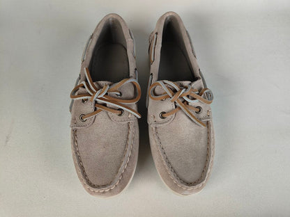 Pair of Sebago Jacqueline Suede Women's brown Boat Shoe on a light gray background – top View @RunInRain