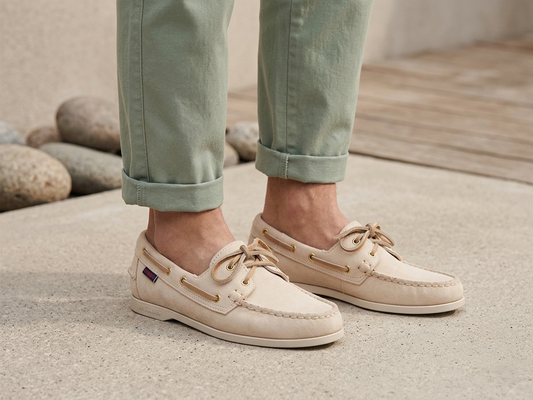 Sebago Jacqueline Suede Women's Brown Shoe worn with rolled-up light green pants on a neutral background – Lifestyle On Feet @RunInRain