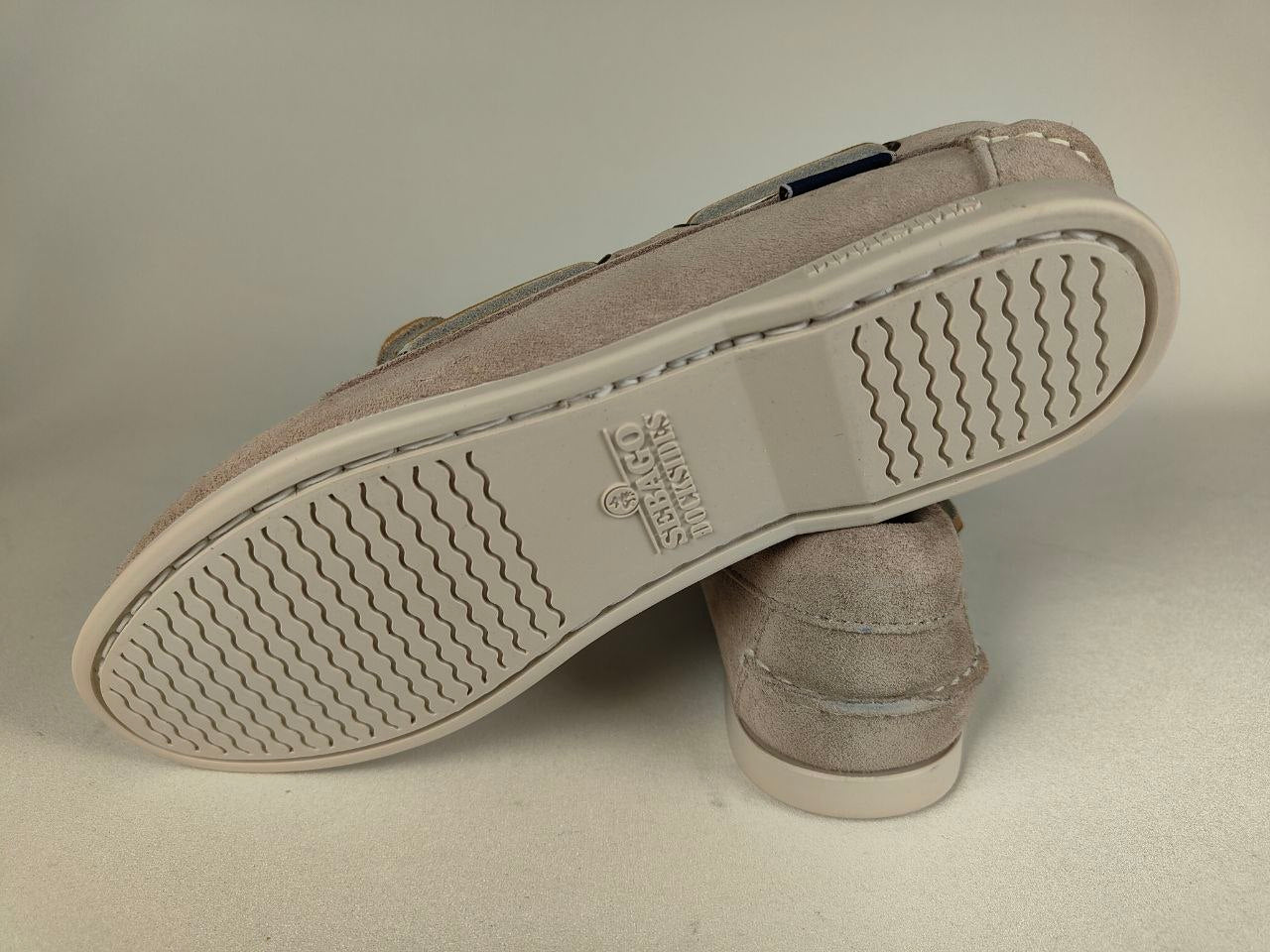 Close-up of a Sebago Jacqueline Suede Women's Shoe sole with brand logo on a neutral background – Top View @RunInRain