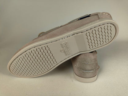 Close-up of a Sebago Jacqueline Suede Women's Shoe sole with brand logo on a neutral background – Top View @RunInRain