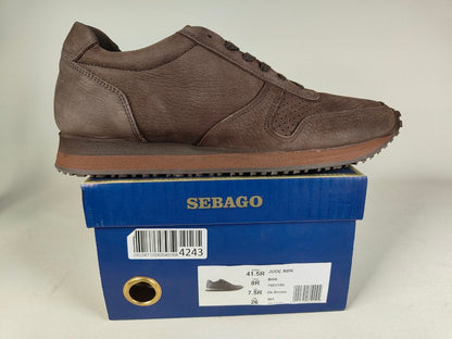Sebago Jude NBK Dark Brown Shoe on a blue Sebago shoe box against a light gray background