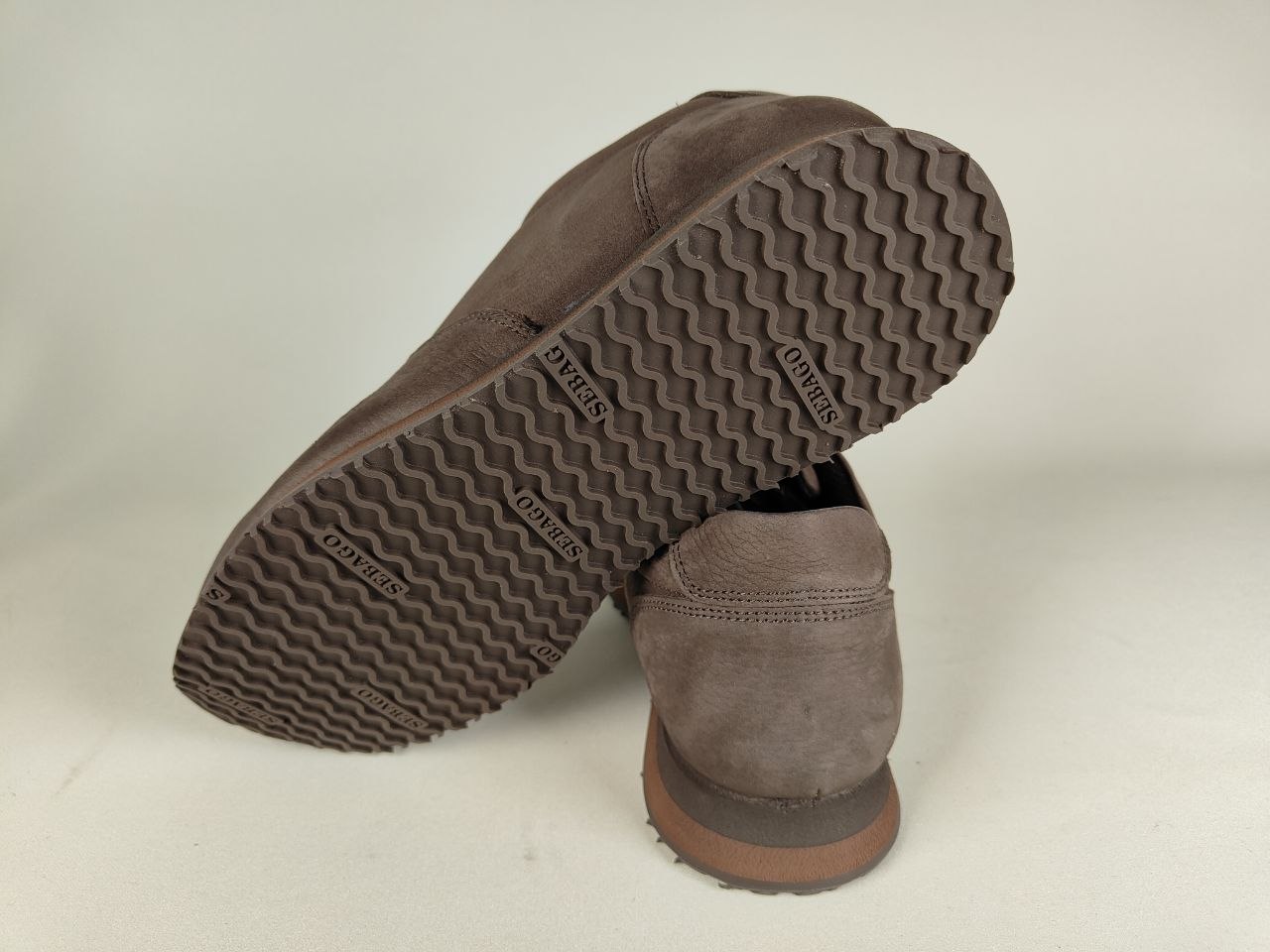 Sebago Jude NBK Dark Brown shoes with textured sole on a light gray background
