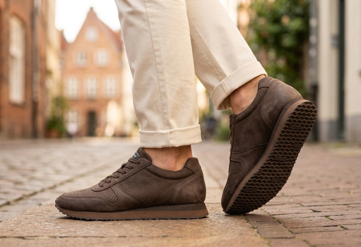 Sebago Jude NBK dark brown shoes worn on a cobblestone street with blurred background