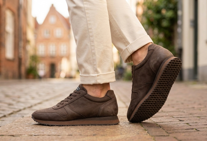 Sebago Jude NBK dark brown shoes worn on a cobblestone street with blurred background