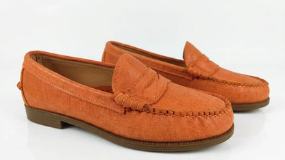 Pair of Sebago Plaza Women's Orange Leather Loafer on a white background – 3q View @RunInRain