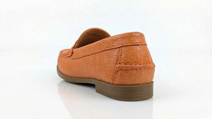 Sebago Plaza Women's Orange Leather Loafer on a white background – Three Quarter rear View @RunInRain